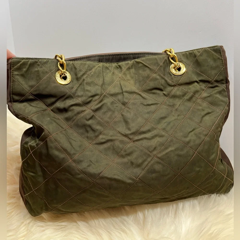 Escada Vintage Lux Quilted Nylon Tote/Shoulder Bag Olive Green and Brown - Picture 8 of 17